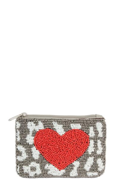 HEART SPOTTED SEED BEAD ZIPPER BAG