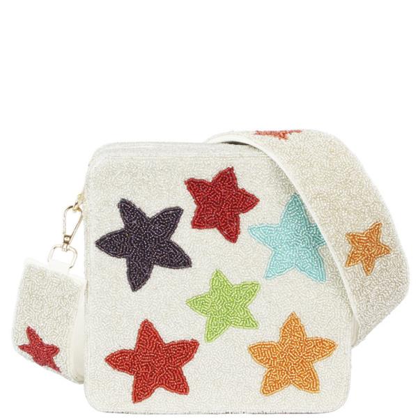 MULTI COLOR STARS FULLY BEADED ZIPPER CROSSBODY BAG