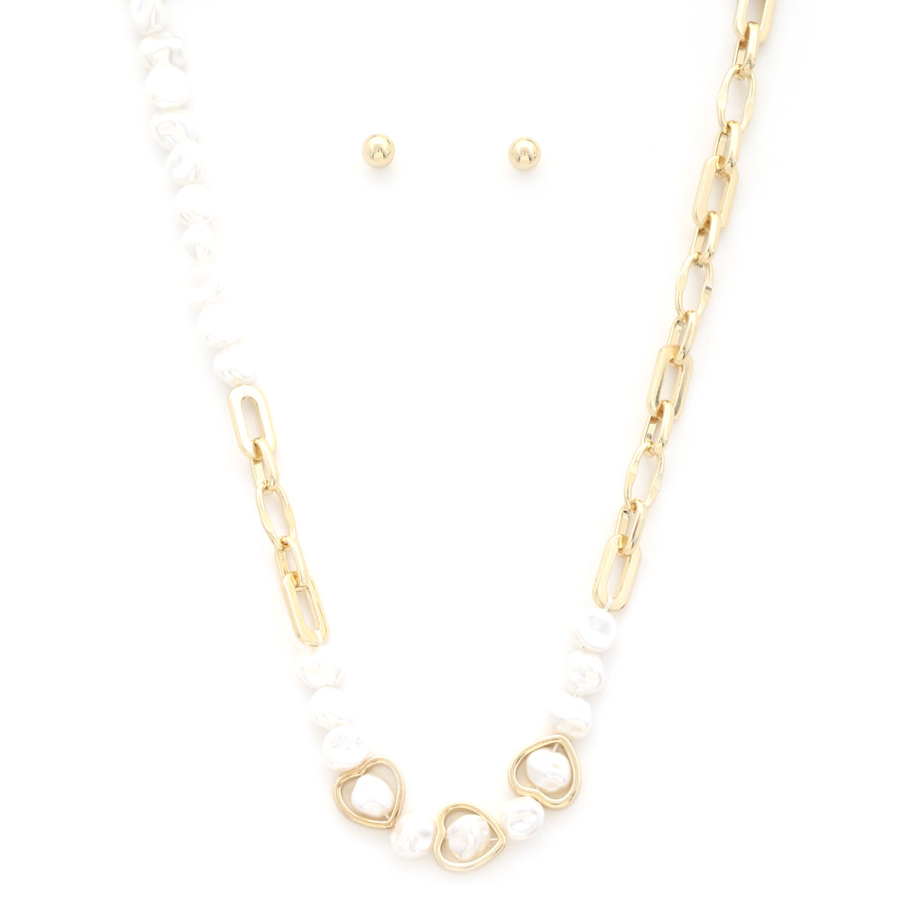 HEART PEARL BEAD OVAL LINK NECKLACE