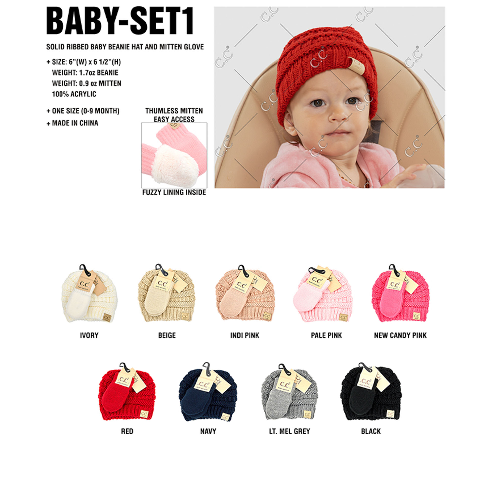 CC SOLID RIBBED BABY BEANIE HAT AND MITTEN GLOVE