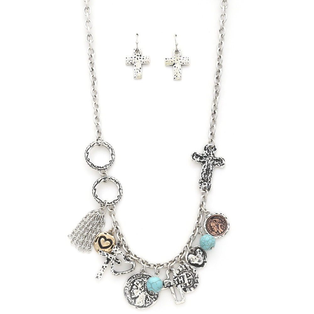 ANTIQUE CROSS CHARM BEADED NECKLACE