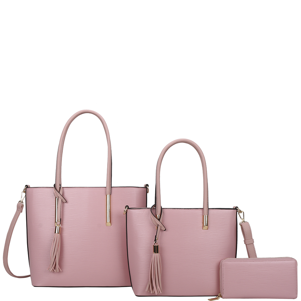 3IN1 SMOOTH TASSEL PLAIN TOTE W MATCHING BAG AND WALLET SET