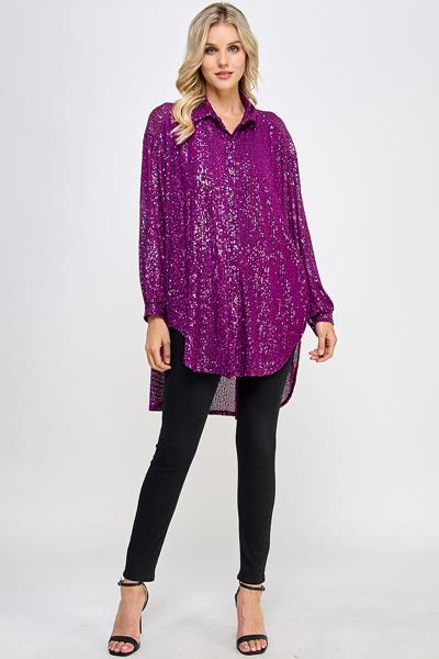 KD-1493-6 SEQUIN BUTTON UP TUNIC DRESS MAGENTA