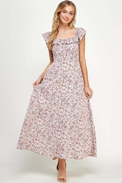 KD-1577 FLORAL PRINT MAXI WITH FRONT RUFFLE LILAC