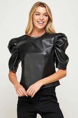KT-1151-6 PLEATHER PUFF SLV TOP BLACK
