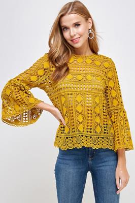 KT-1515-6 LACE BELL SLEEVE WOVEN TOP MUSTARD