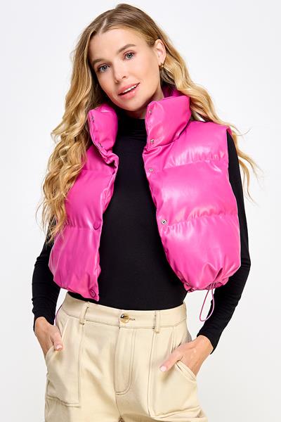 KV-1634-6 PLEATHER CROPPED PUFFER VEST MAGENTA