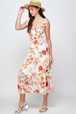 RD-3053-6 FLORAL PRINT LONG DRESS IVORY-RED