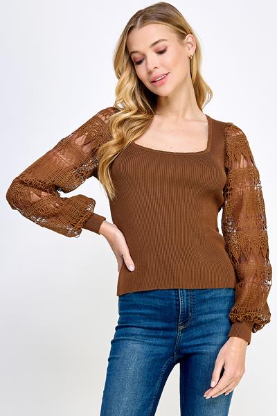 RT-1479-6 LACE BALLOON SLEEVE RIB KNIT TOP BROWN