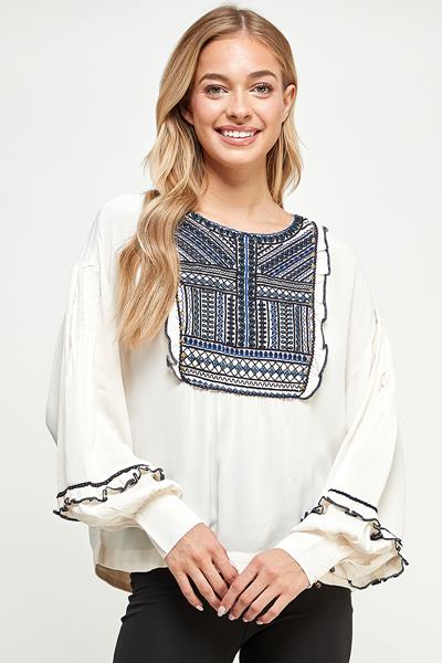 RT-3605-6 LONG SLEEVE EMBROIDERY BLOUSE CREAM