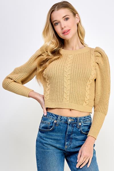 RT-3663-6 PLEATED SLEEVE CROPPED SWEATER CAMEL