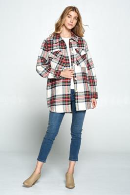 TJ-9100-6 FLANNEL PLAID BUTTON DOWN JACKET IVORY-RED