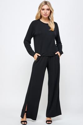 TP-9334-6 FRENCH TERRY WIDE LEG PANTS W/ SIDE SLIT BLACK