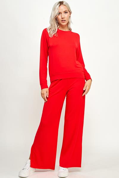 TP-9334-6 FRENCH TERRY WIDE LEG PANTS W/ SIDE SLIT RED