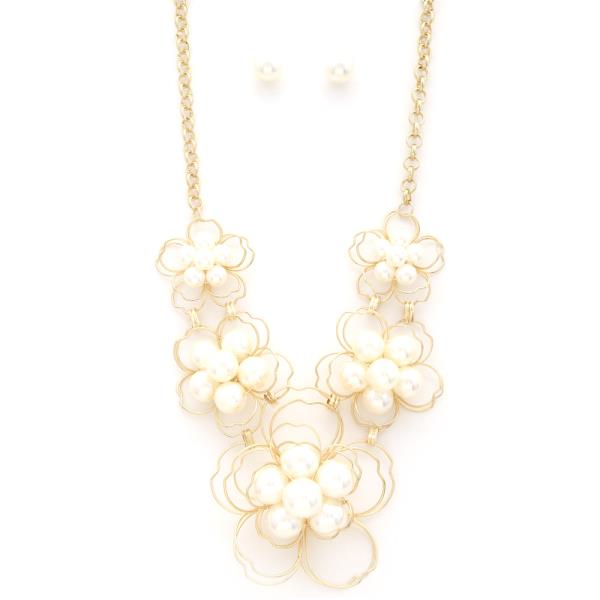FLOWER PEARL LINK METAL NECKLACE