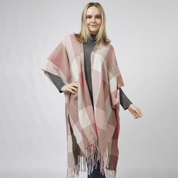 CHECK PATTERNED CARDIGAN RUANA WITH TASSEL