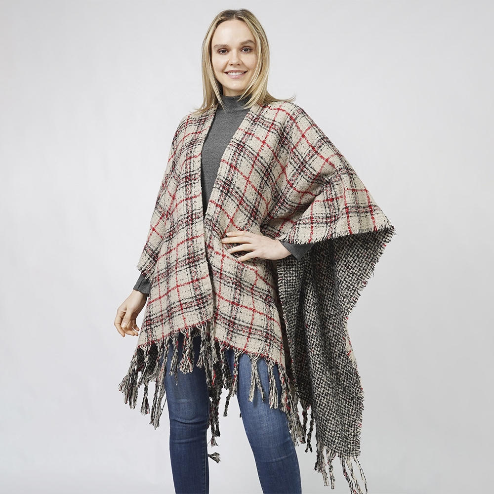 REVERSIBLE PLAID CHECK PATTERNED CAPE PONCHO