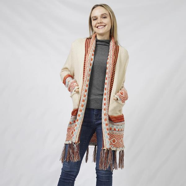 AZTEC PATTERN TASSEL KNIT CARDIGAN