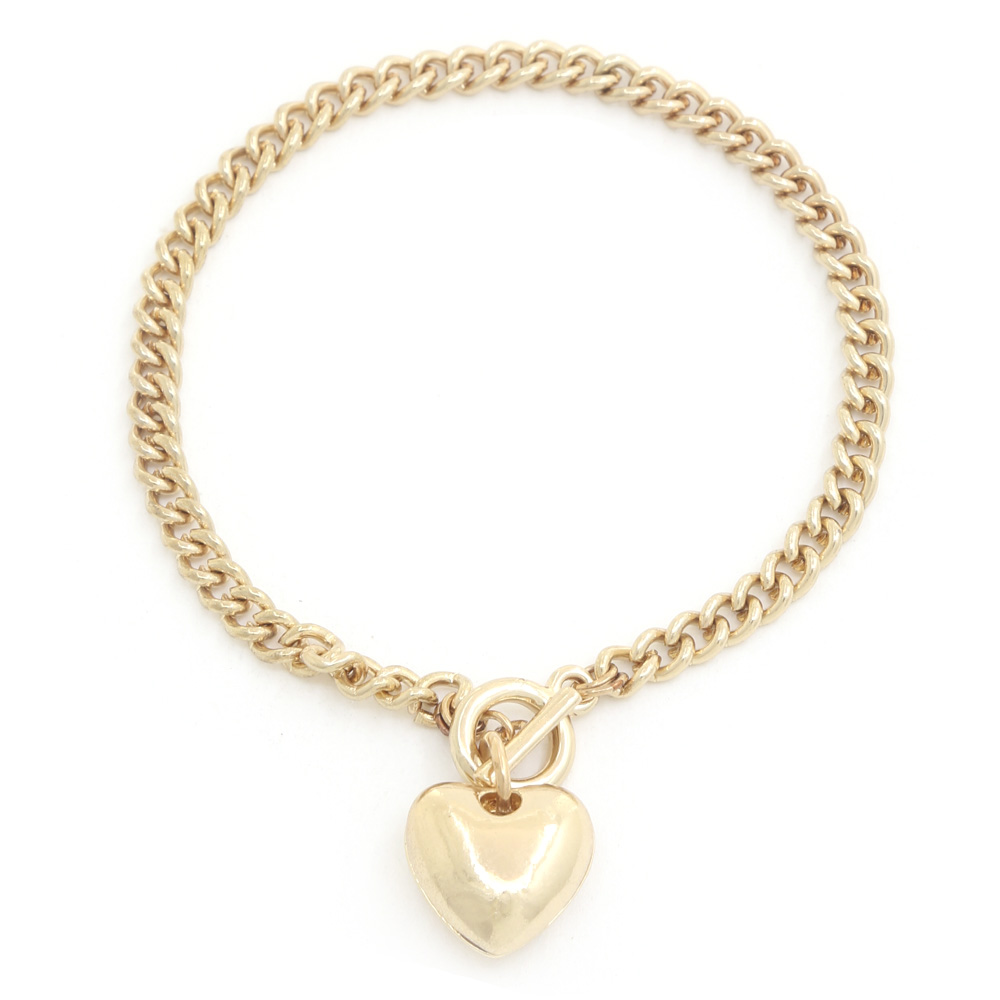 PUFFY HEART CHARM CURB LINK TOGGLE CLASP BRACELET