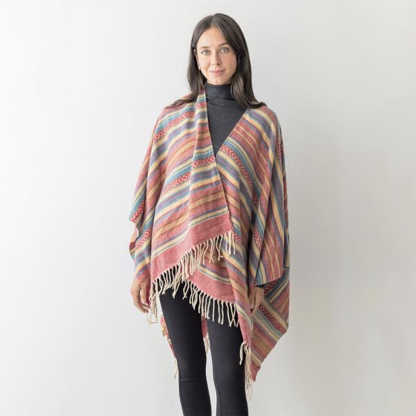 TRIBAL STRIPE PATTERN RUANA WITH TASSELS