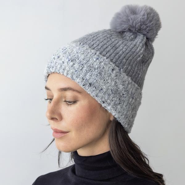 CONFETTI TRIMMED POM BEANIE W/ FUR LINING