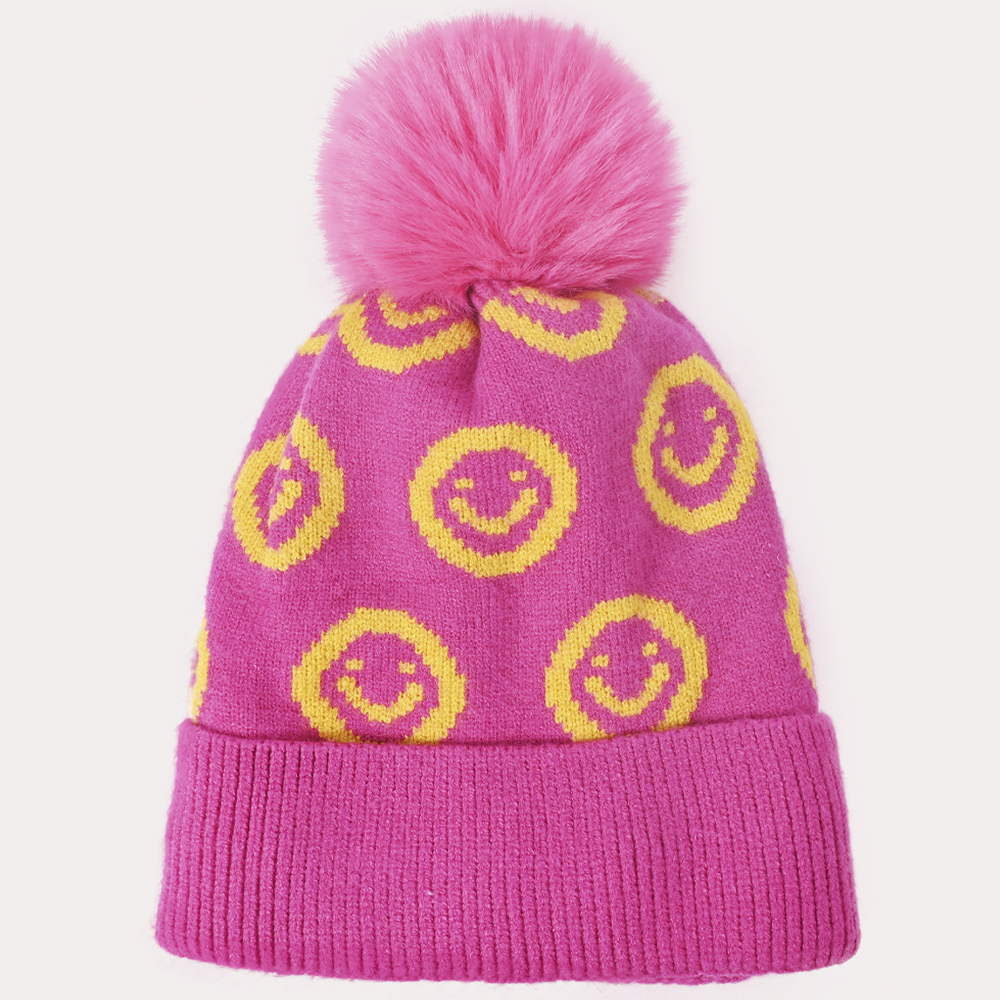 HAPPY FACE PATTERN POM POM BEANIES