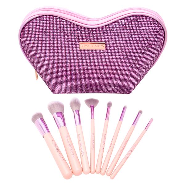 XIME BEAUTY HEART SHAPED SPARKLING ZIPPER COSMETIC BAG WITH BRUSH SET