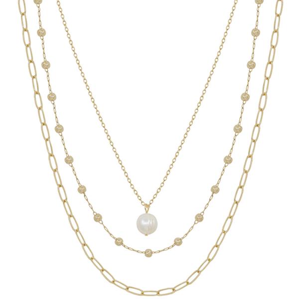 3 LAYERED DOT CHAIN FRESH WATER PEARL PENDANT NECKLACE