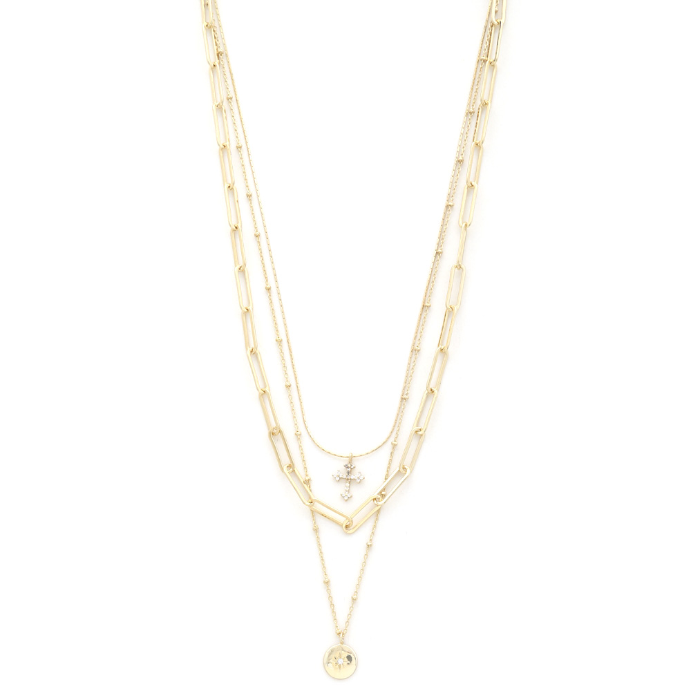 COIN CROSS CHARM OVAL LINK LAYERED NECKLACE