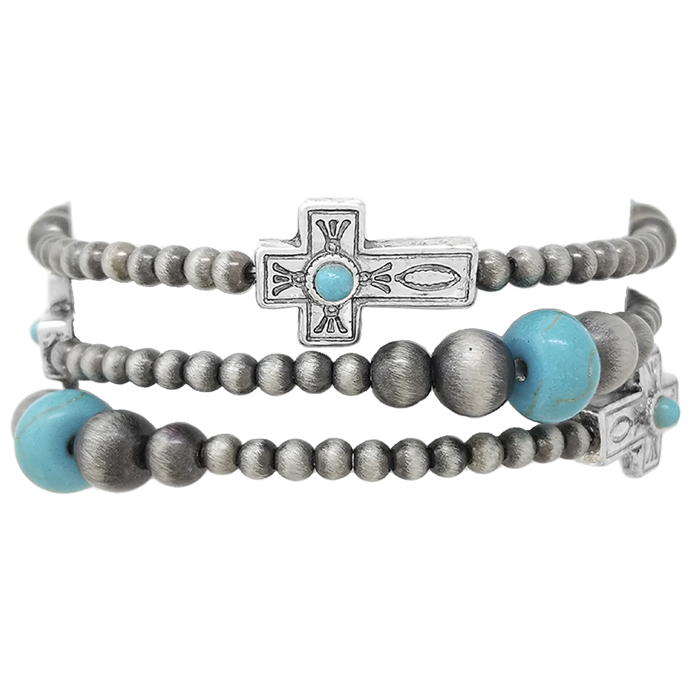 CROSS CHARM BEADED BRACELET SET