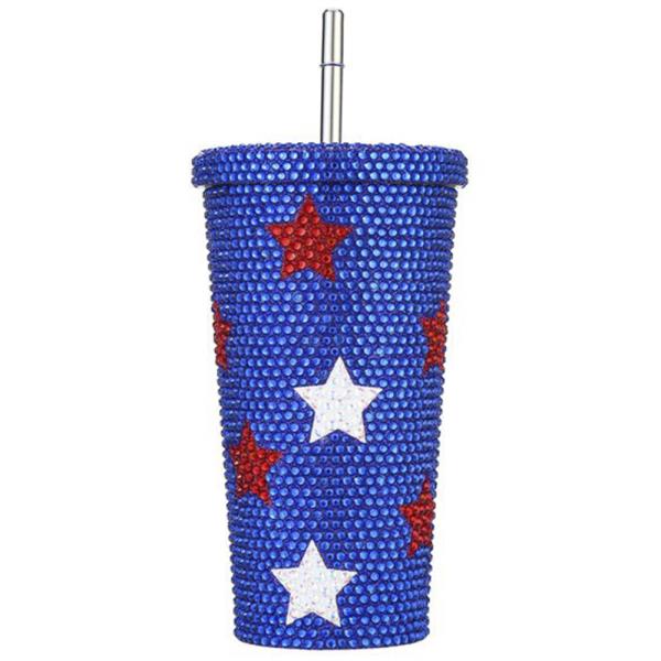 RED WHITE AND BLUE PATRIOT STAR RHINESTONE WATER CUP