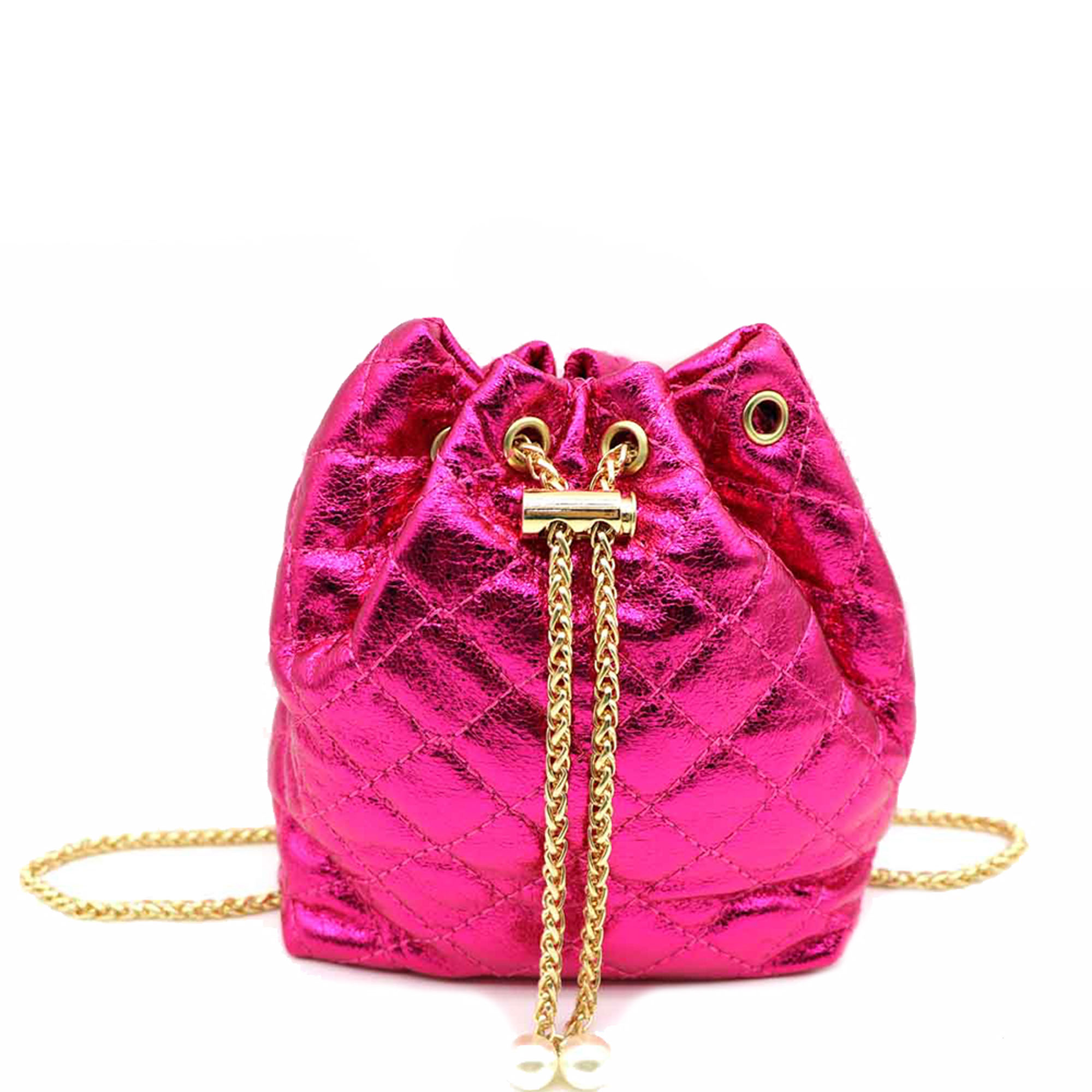 METALLIC QUILTING BUCKET BAG WITH CROSS BODY STRAP