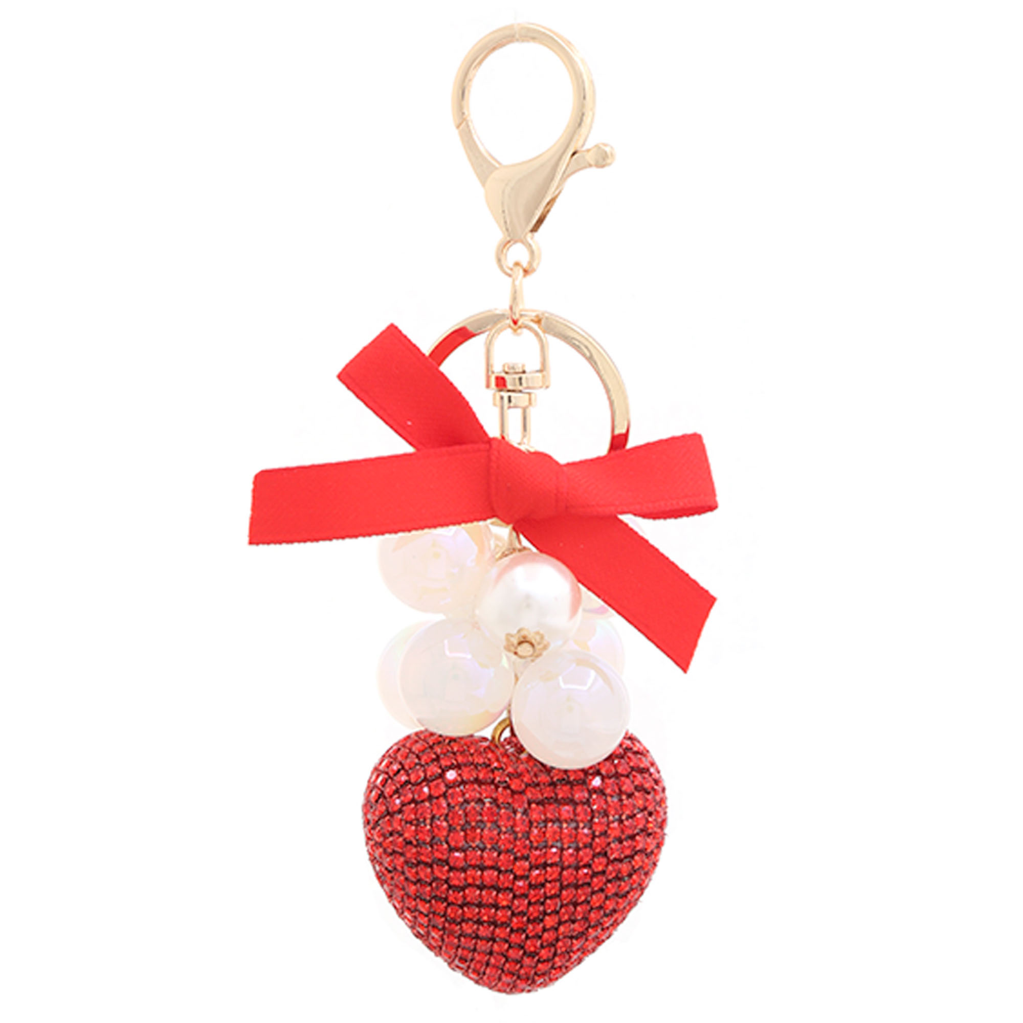 RHINESTONE HEART RIBBON PEARL KEYCHAIN