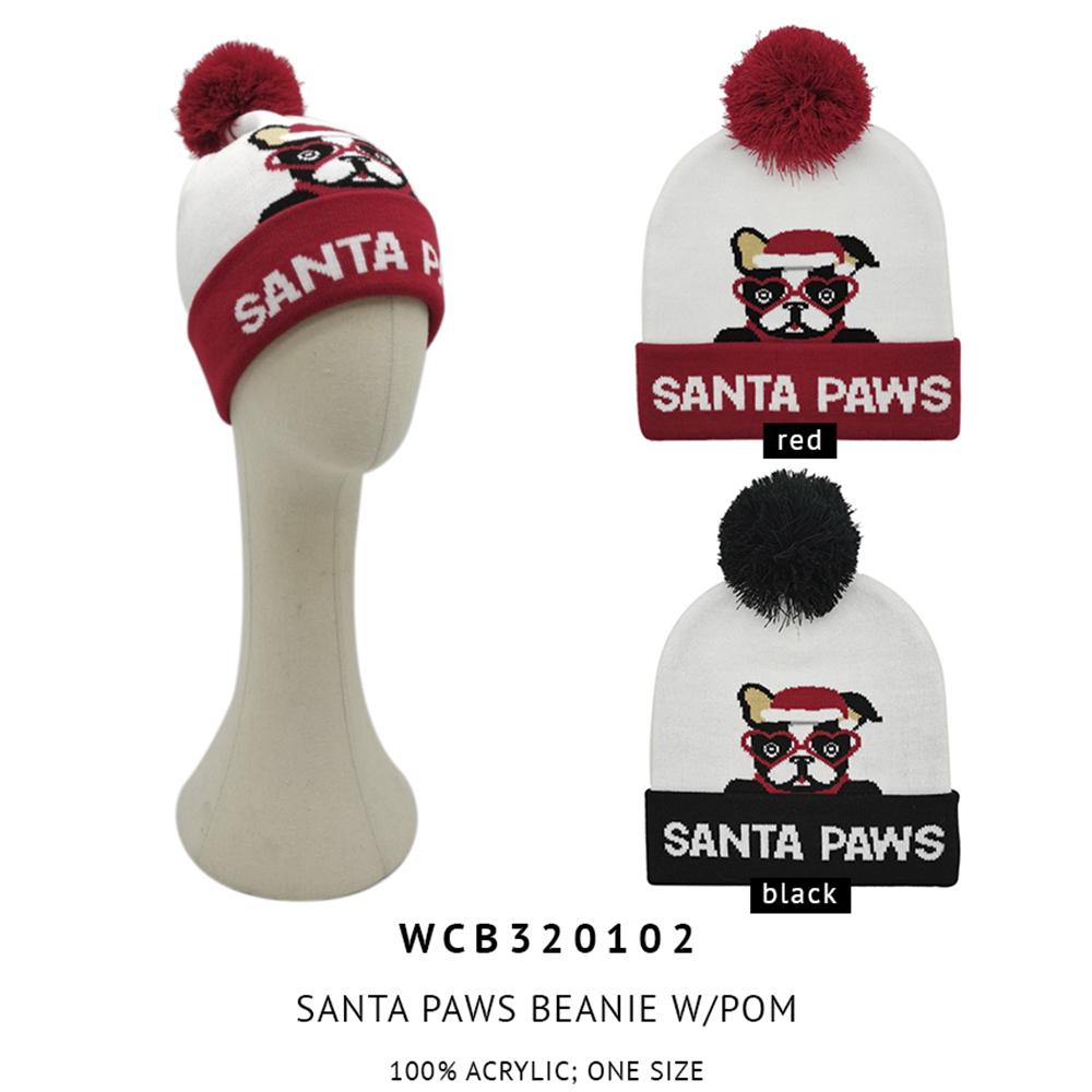 CHRISTMAS SANTA PAWS BEANIE W/POM