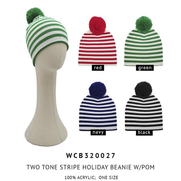 TWO TONE STRIPE HOLIDAY BEANIE W/POM