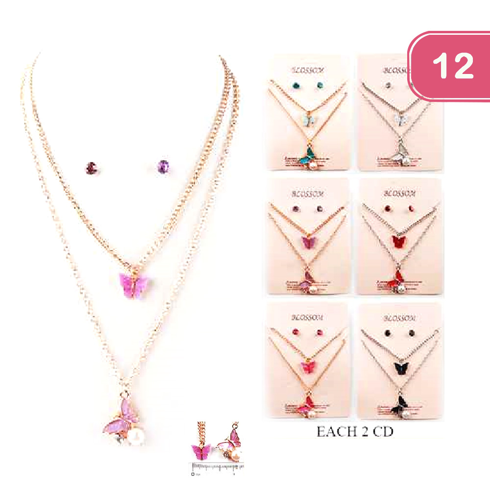 FASHION BUTTERFLY LAYER NECKLACE EARRING SET (12UNITS)