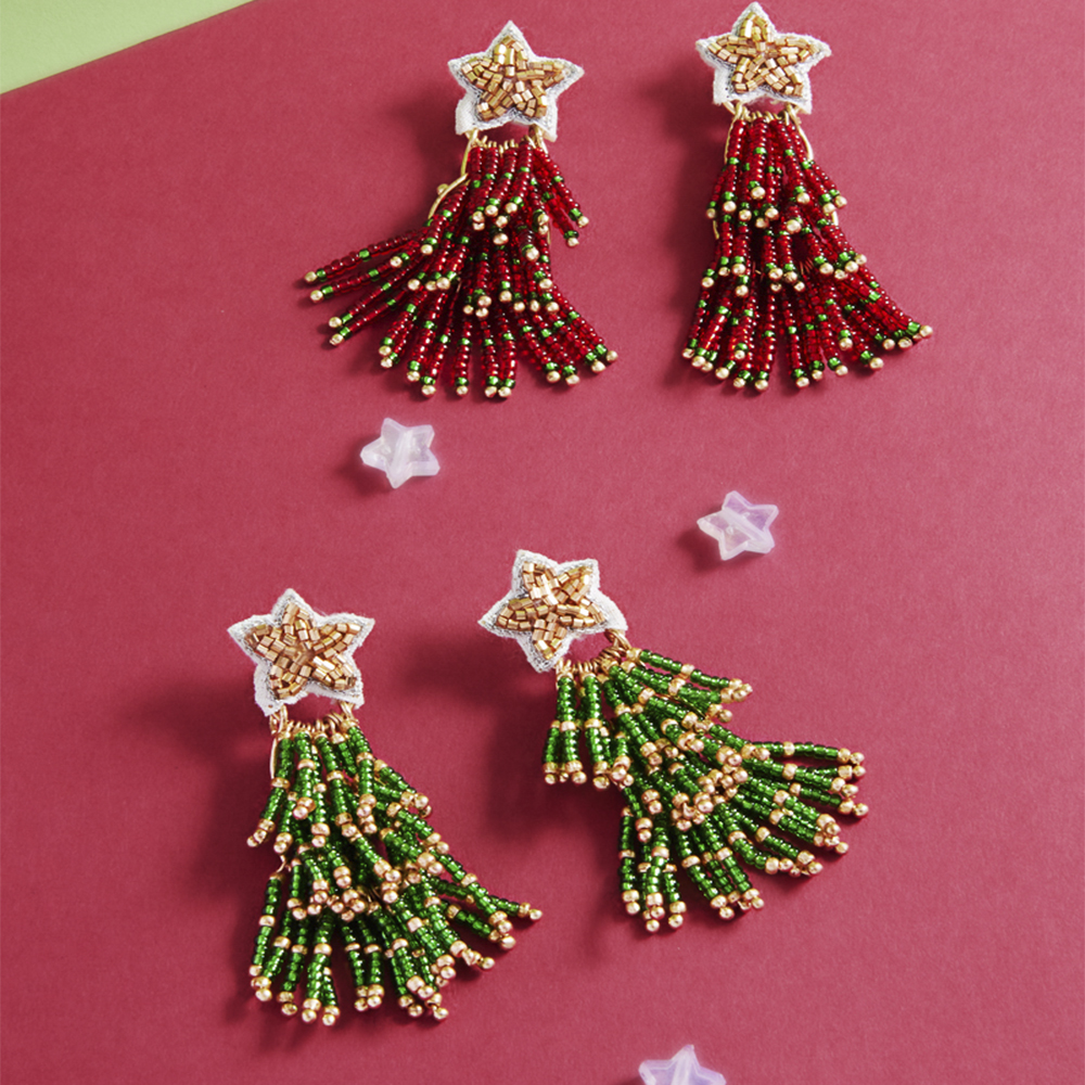 SEED BEAD CHRISTMAS TREE DANGLE EARRING