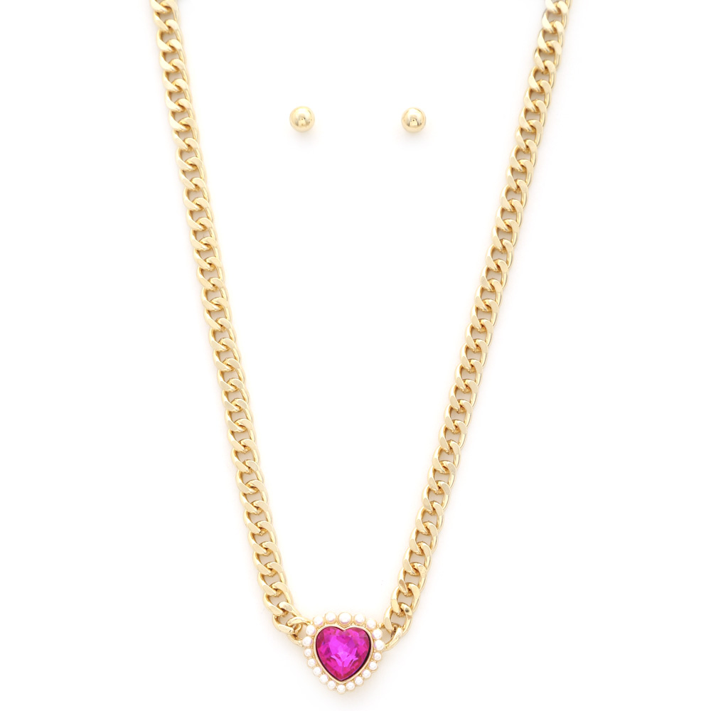 CRYSTAL HEART CURB LINK NECKLACE
