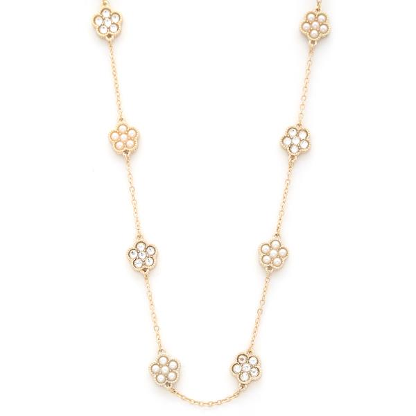 FLORAL SHAPE PEARL CRYSTAL PATTERN NECKLACE