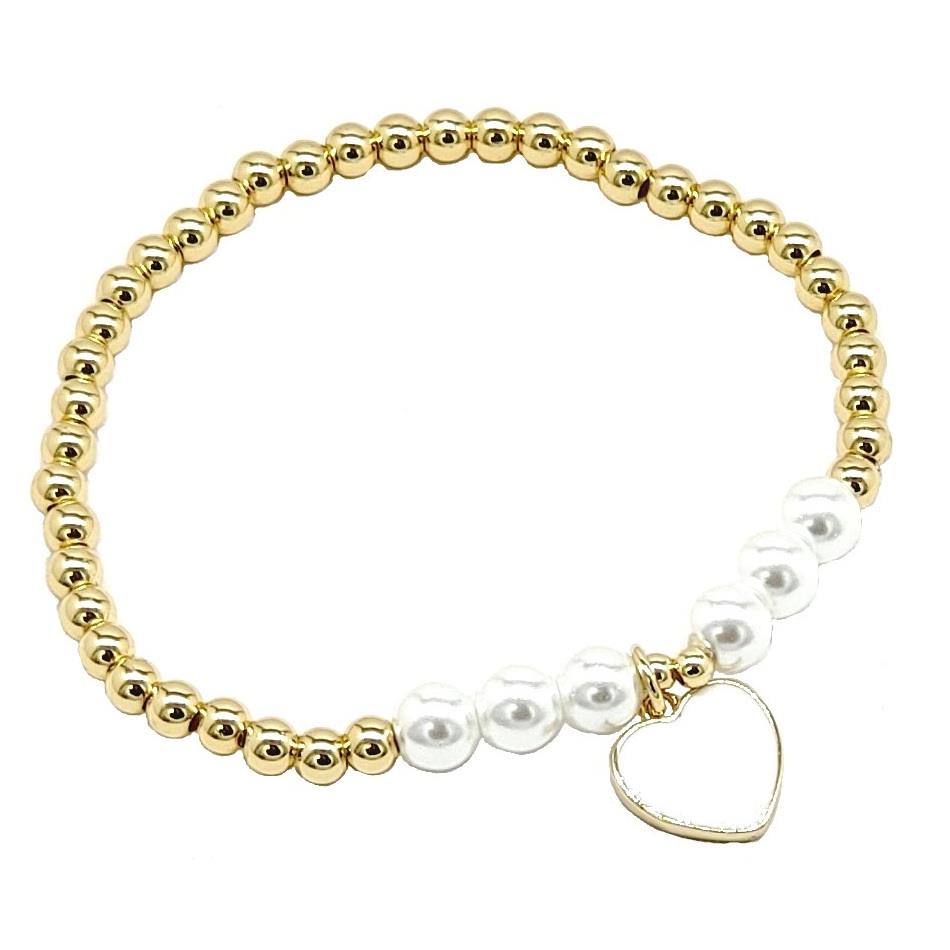 STAINLESS STEEL HEART CHARM PEARL BRACELET