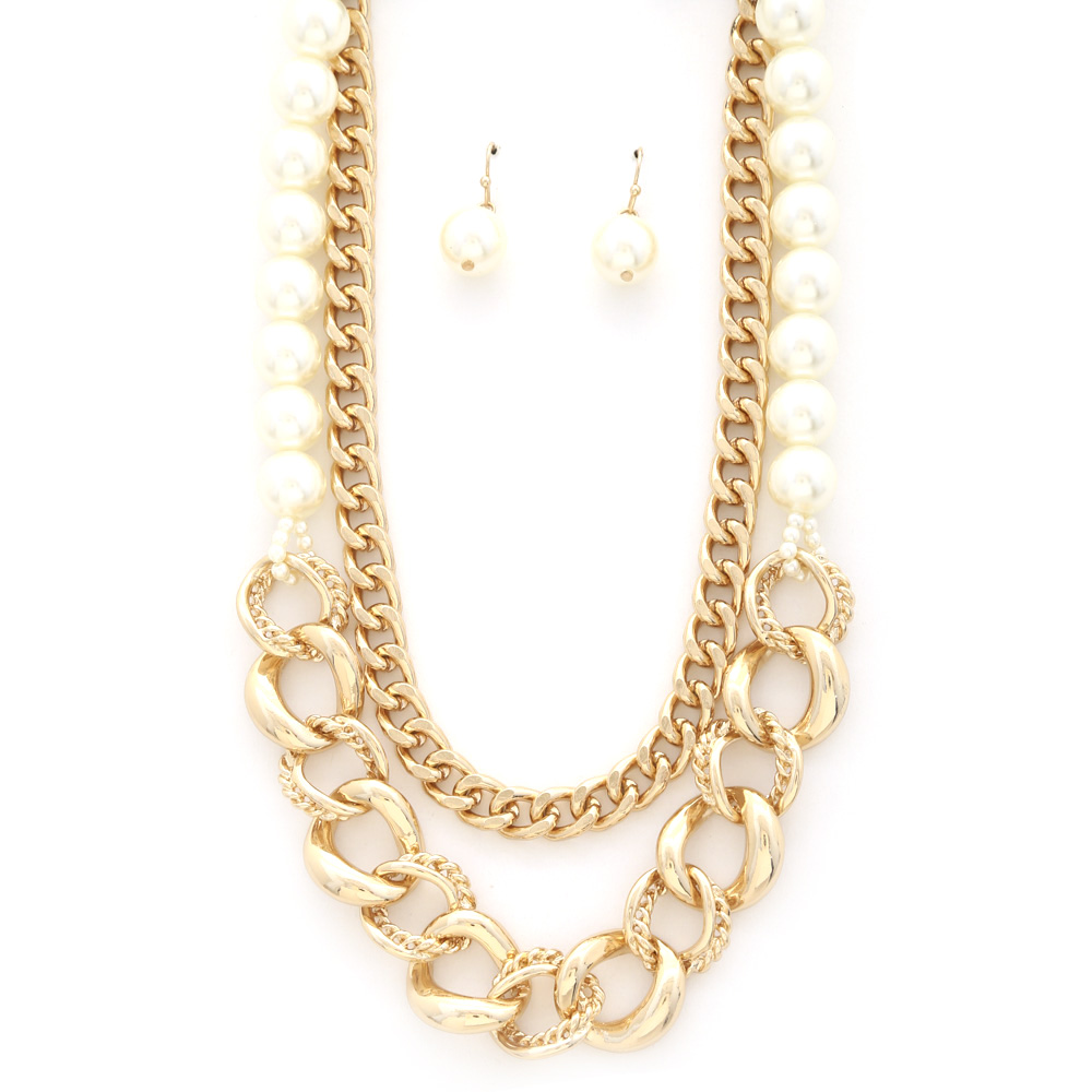 PEARL BEAD CURB LINK LAYERED NECKLACE