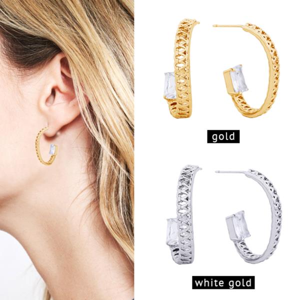 14K GOLD/WHITE GOLD DIPPED POST EARRING CZ PAVED