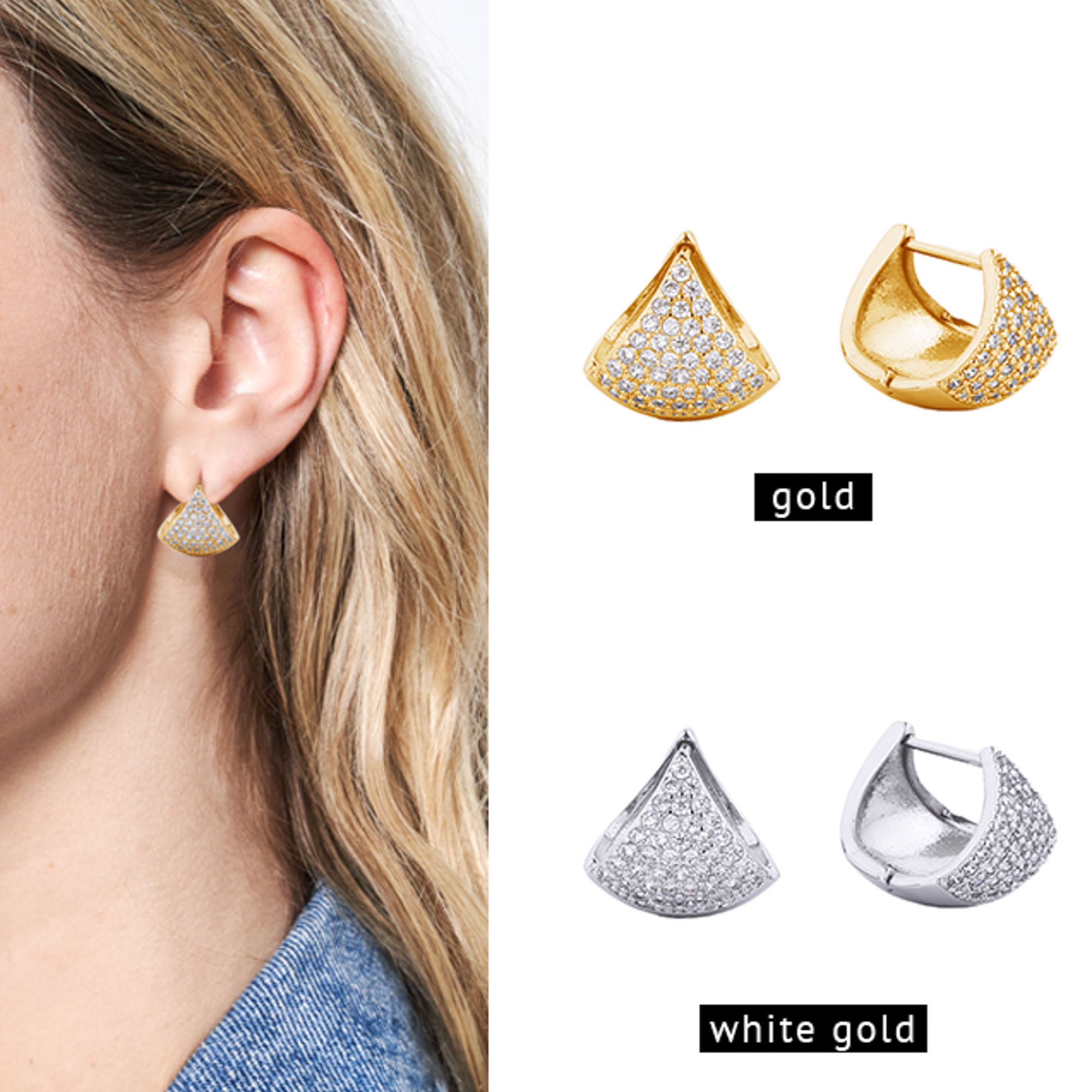 14K GOLD/WHITE GOLD DIPPED HUGGIE EARRING CZ PAVED