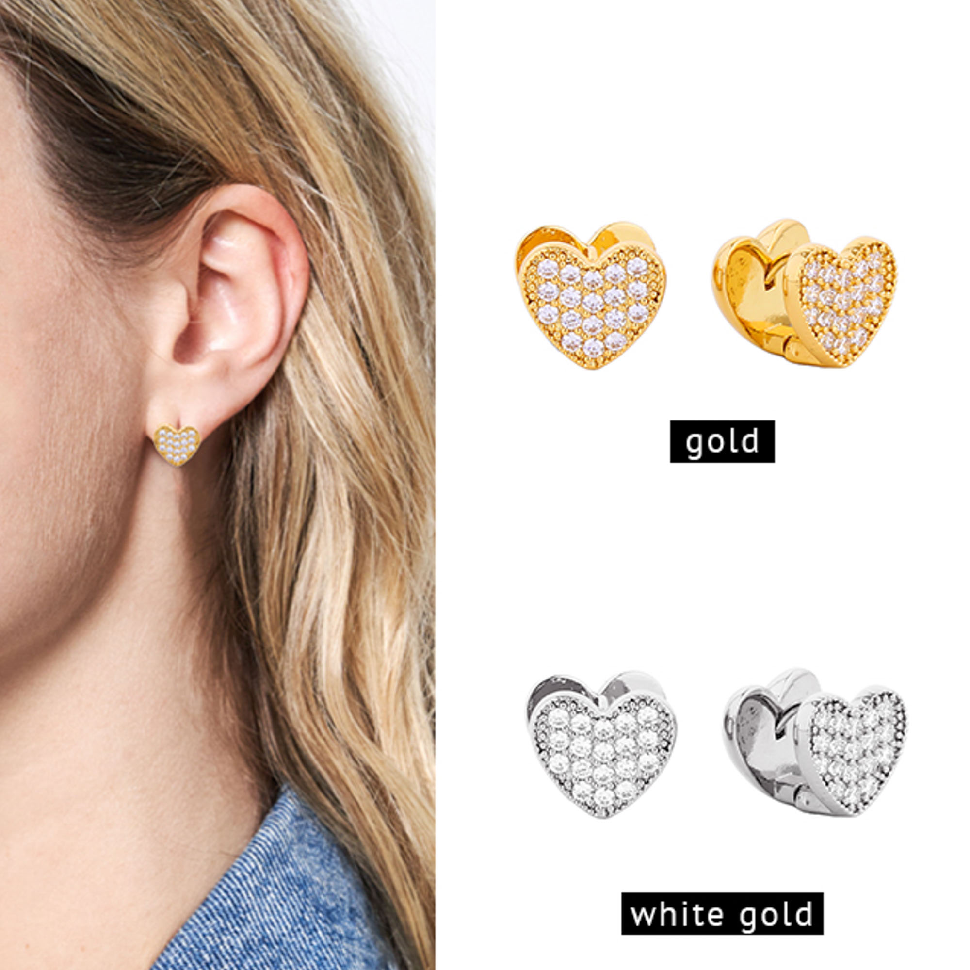 14K GOLD/WHITE GOLD DIPPED HUGGIE EARRING CZ PAVED EARRING