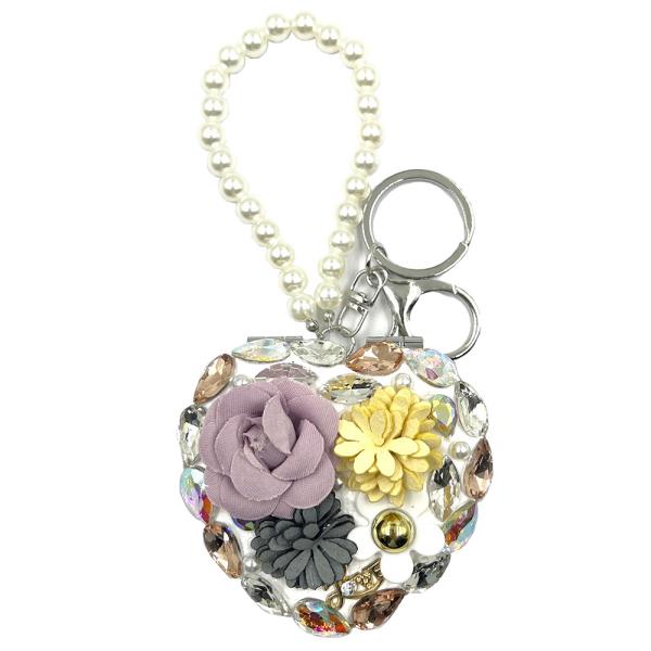 FLORAL CRYSTAL PEARL HEART DESIGN MIRROR KEYCHAIN
