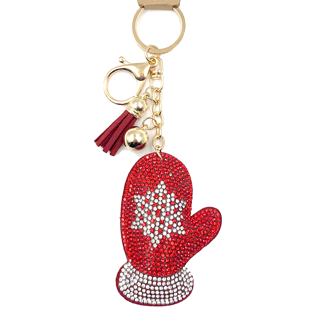 RHINESTONE CHRISTMAS SNOWFLAKE WINTER MITTEN TASSEL KEYCHAIN