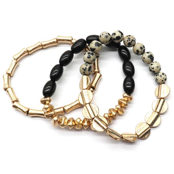 WOOD METAL MIX BEAD STRETCH BRACELET SET