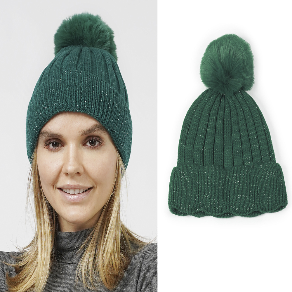 LUREX RIBBED KNIT POMPOM BEANIE