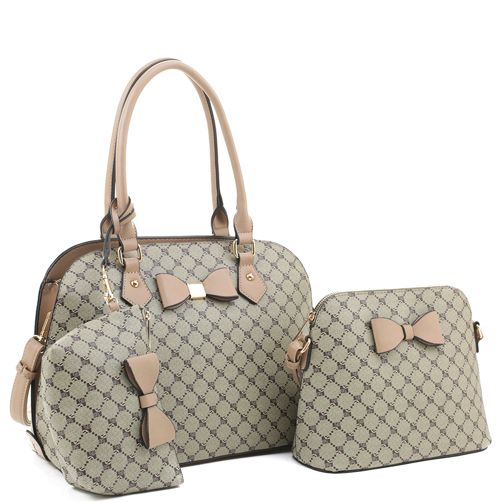 3IN1 FASHION PRINT BOW TIE DESIGN SATCHEL BAG WITH CROSSBODY AND POUCH SET