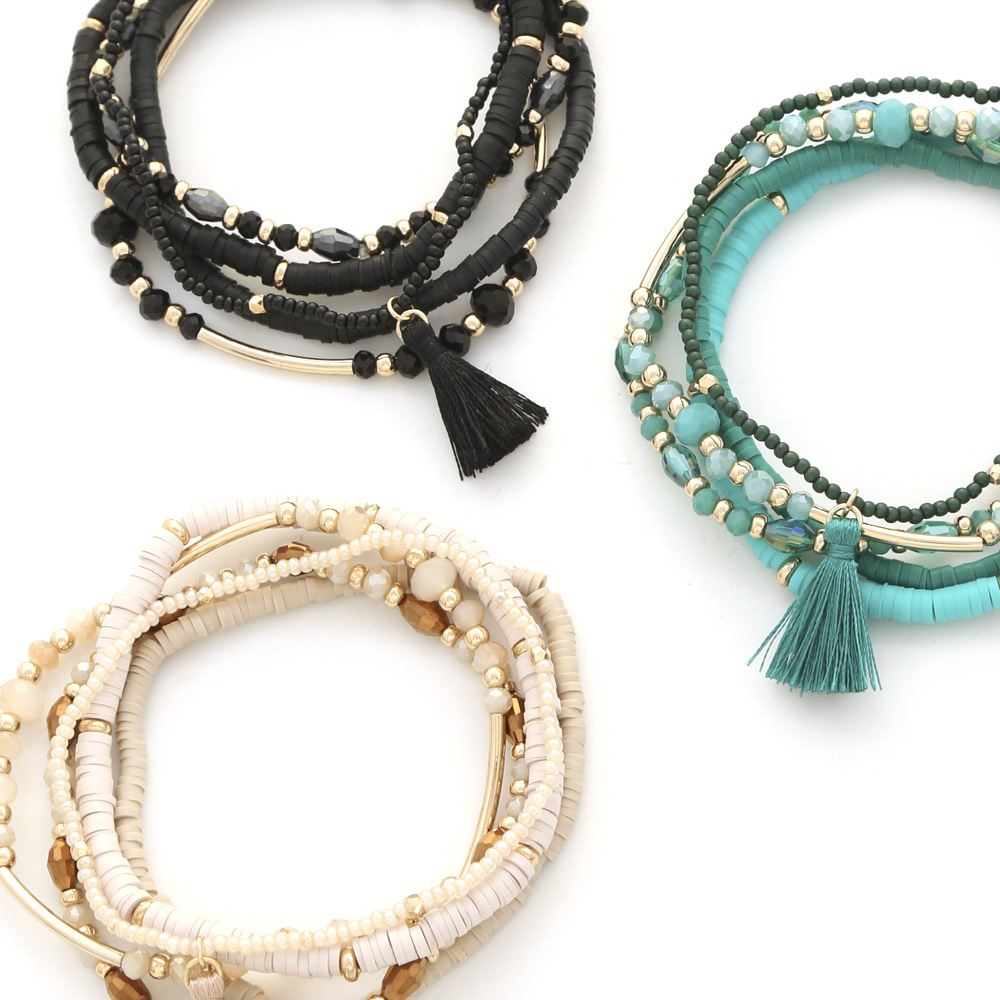 RUBBER BEADED TASSEL BRACELET SET